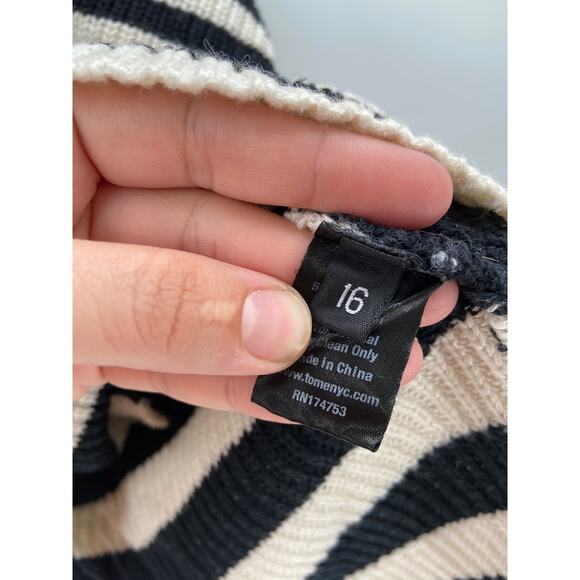 Tome Black White Striped Merino Wool Long Sleeve Crossover Wrap Sweater Size 16 - Picture 6 of 7